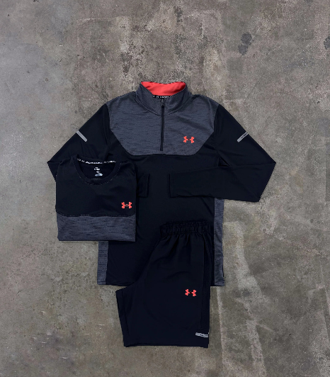 red & charcoal half-zip top